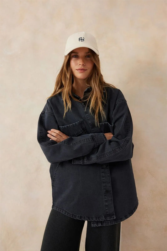 Ceres Life Side Pocket Shacket in Washed Black
