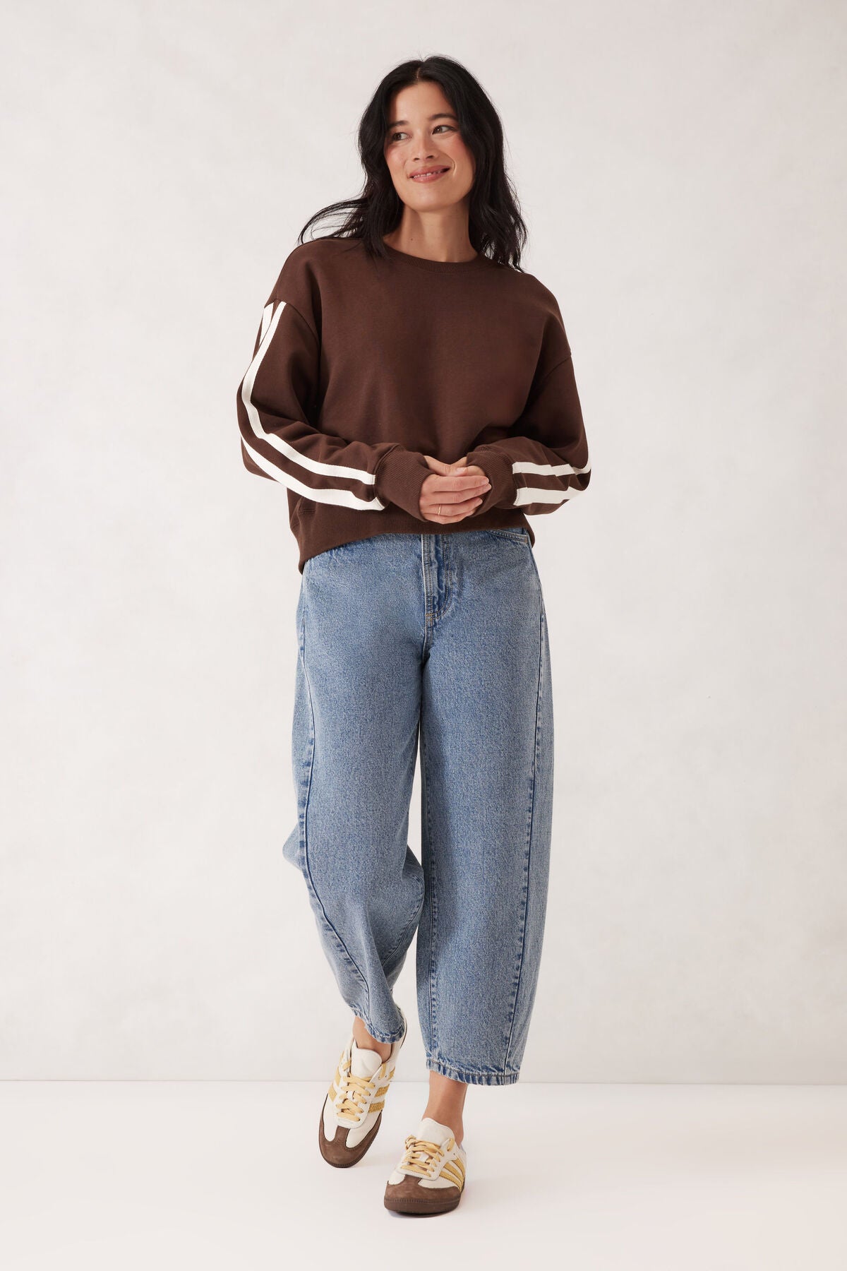 Ceres Life Sporty Slouchy Crew - Chocolate Side Stripe
