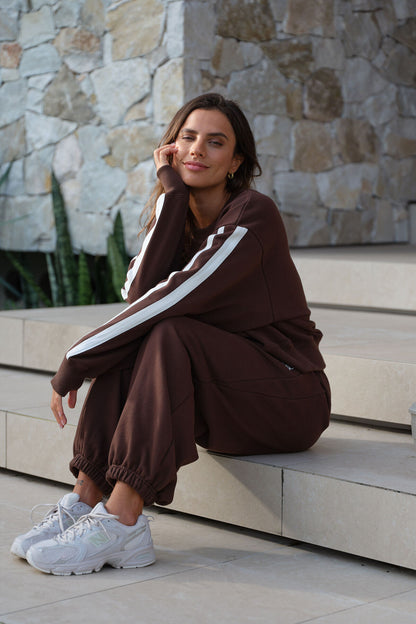 Ceres Life Sporty Slouchy Crew - Chocolate Side Stripe