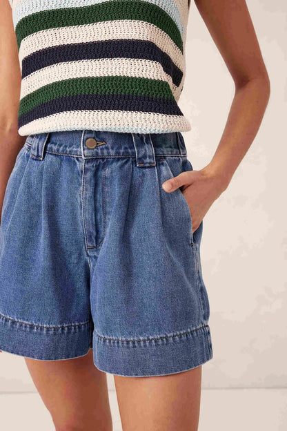 Ceres Life Billie Pleat Front Short in Washed Indigo