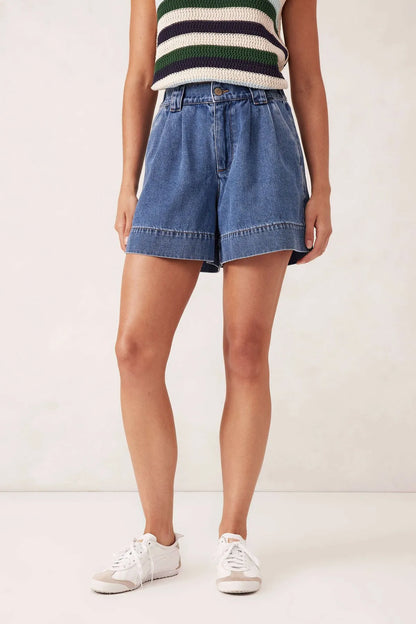 Ceres Life Billie Pleat Front Short in Washed Indigo