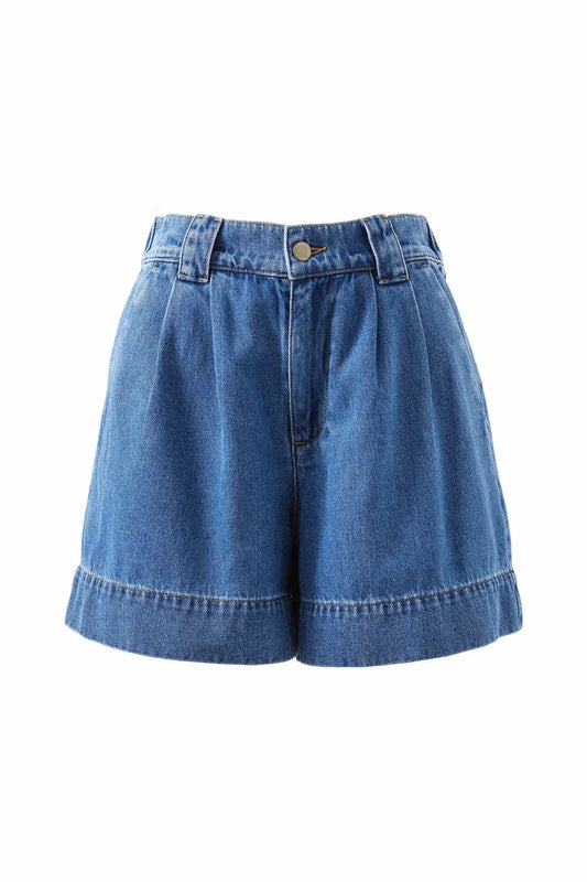 Ceres Life Billie Pleat Front Short in Washed Indigo