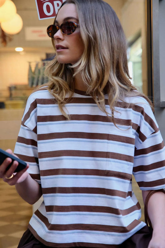 Ceres Life Boa Boxy Pocket Tee in White/Milk Chocolate Chalk Stripe