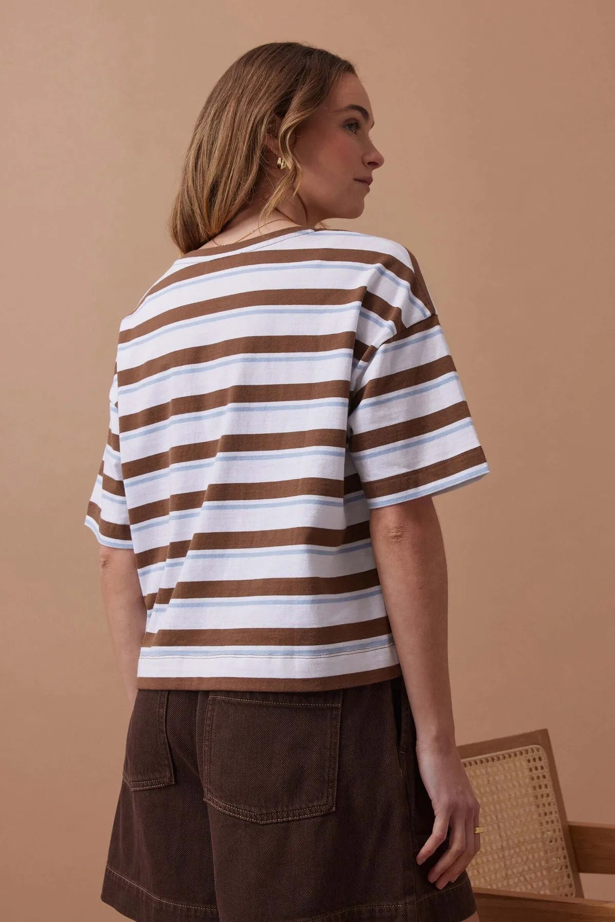 Ceres Life Boa Boxy Pocket Tee in White/Milk Chocolate Chalk Stripe