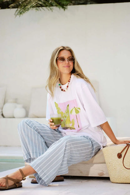 Ceres Life Liv Oversized Tee-  White/Costal Leaves