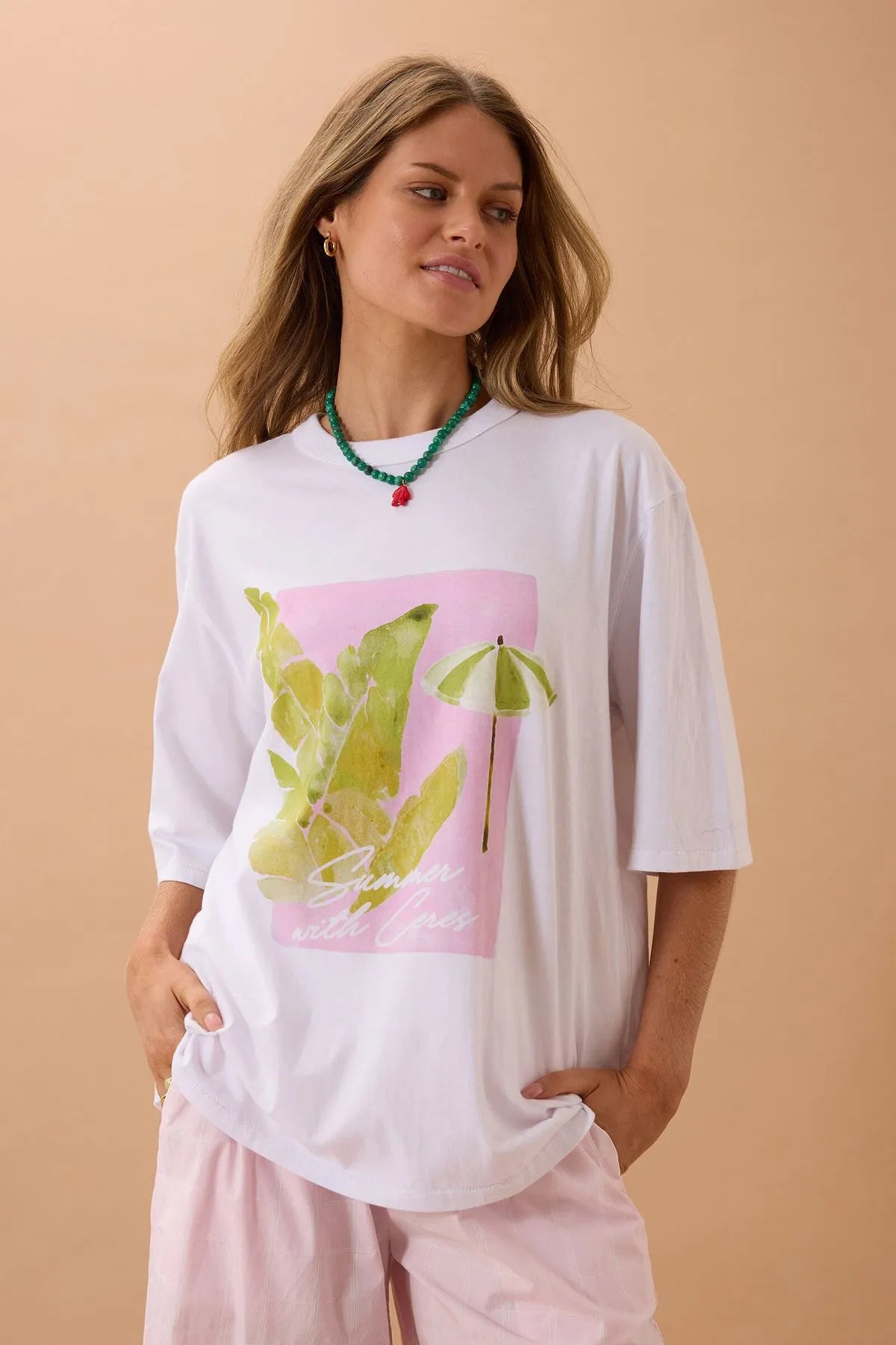 Ceres Life Liv Oversized Tee-  White/Costal Leaves