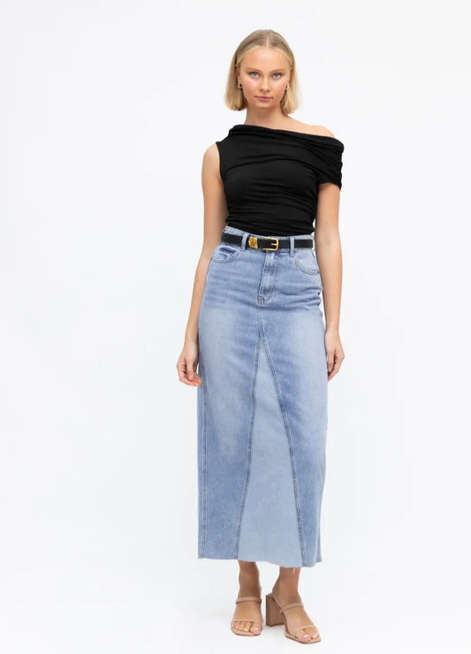 Longline Denim Skirt with Raw Edge