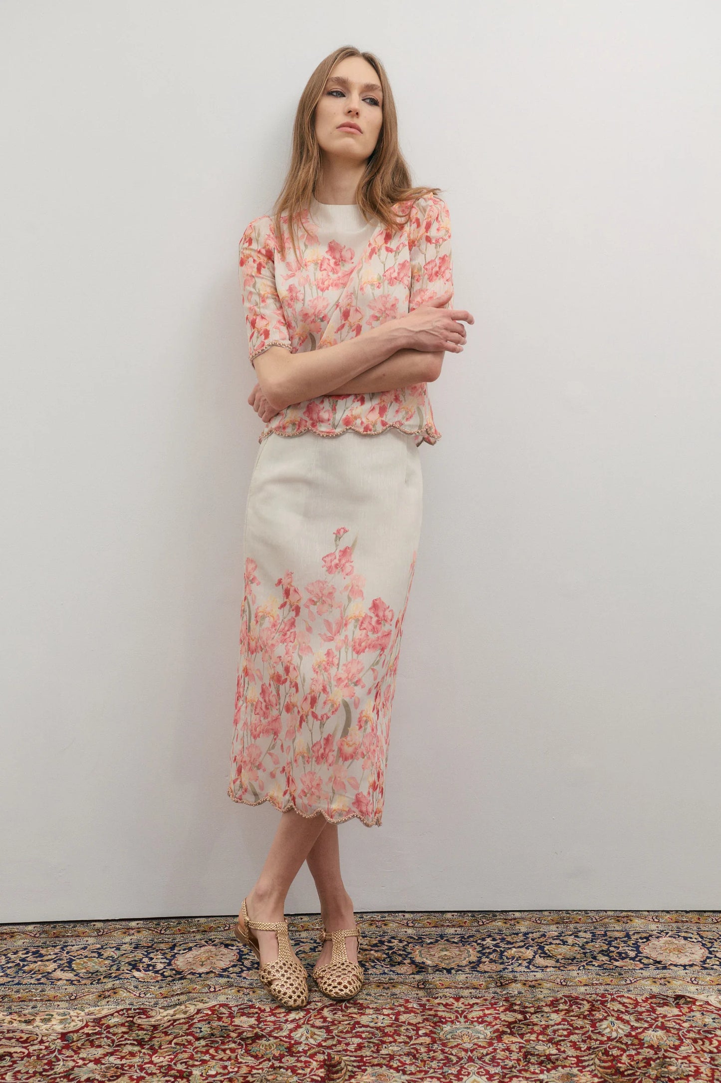Maevarii Valentina Embellished Midi Skirt in Oceanic Blooms