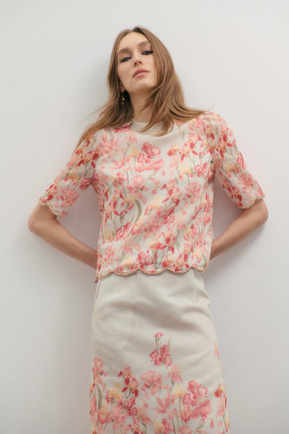 Maevarii Valentina Embellished T-Shirt in Oceanic Blooms