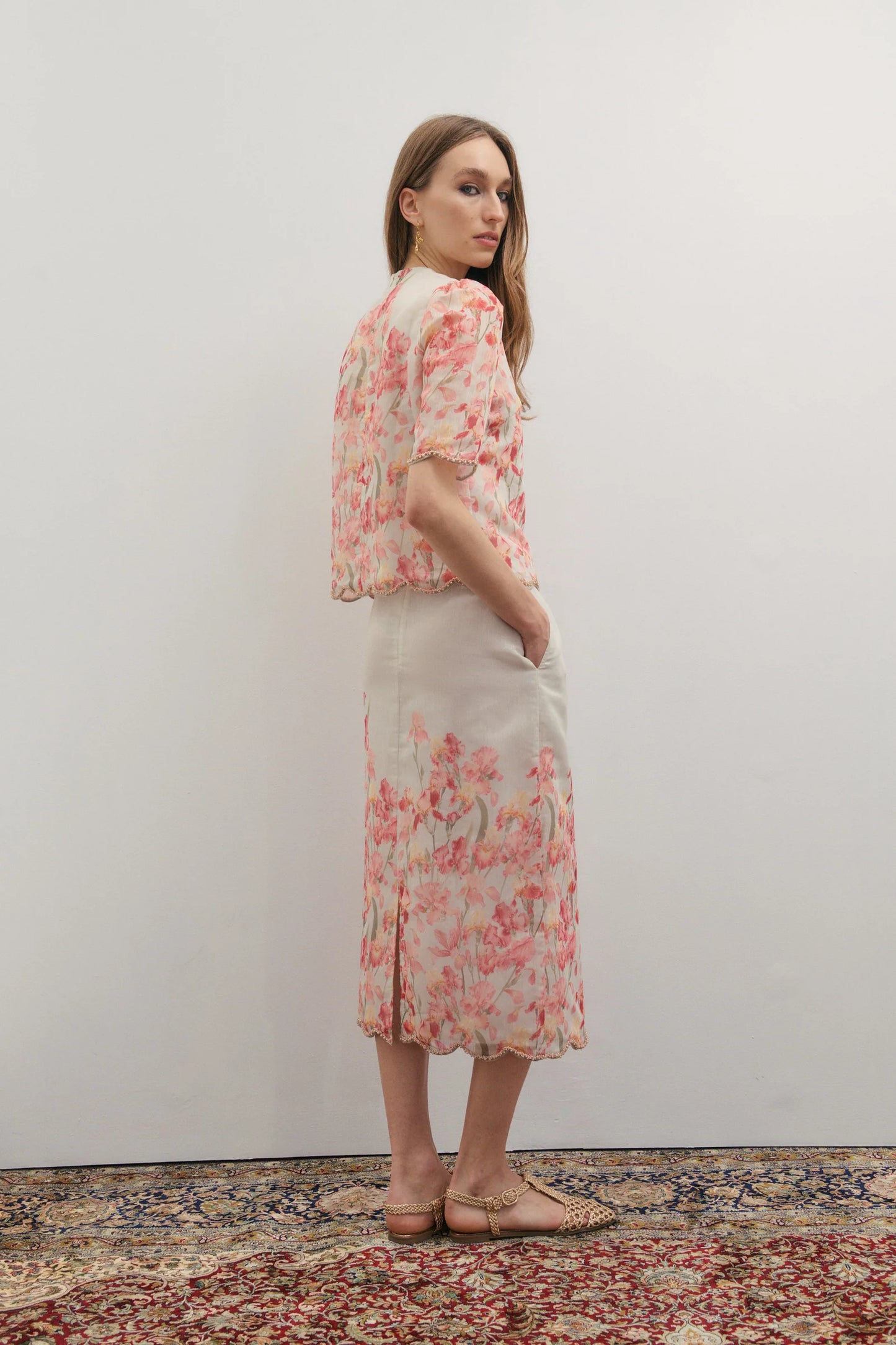 Maevarii Valentina Embellished Midi Skirt in Oceanic Blooms