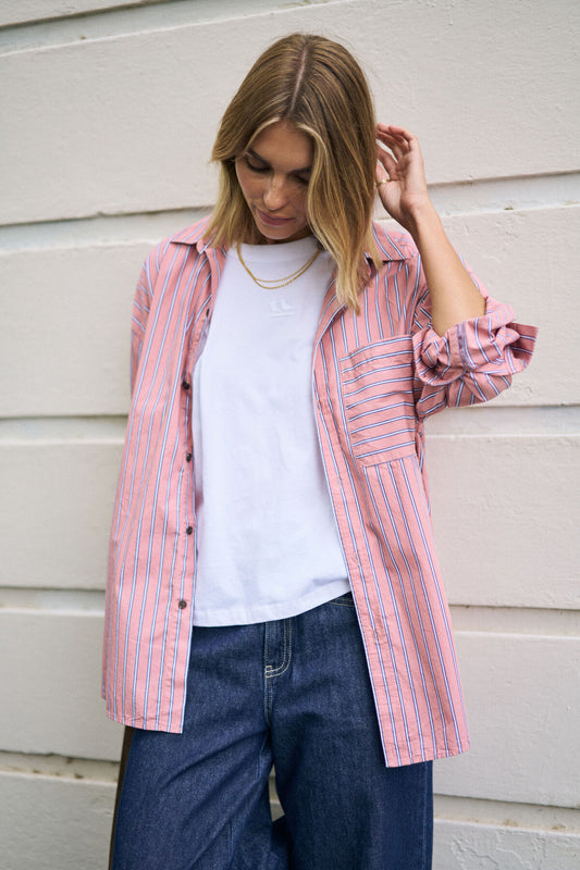 Peta Oversized Shirt in Pink Clay Stripe