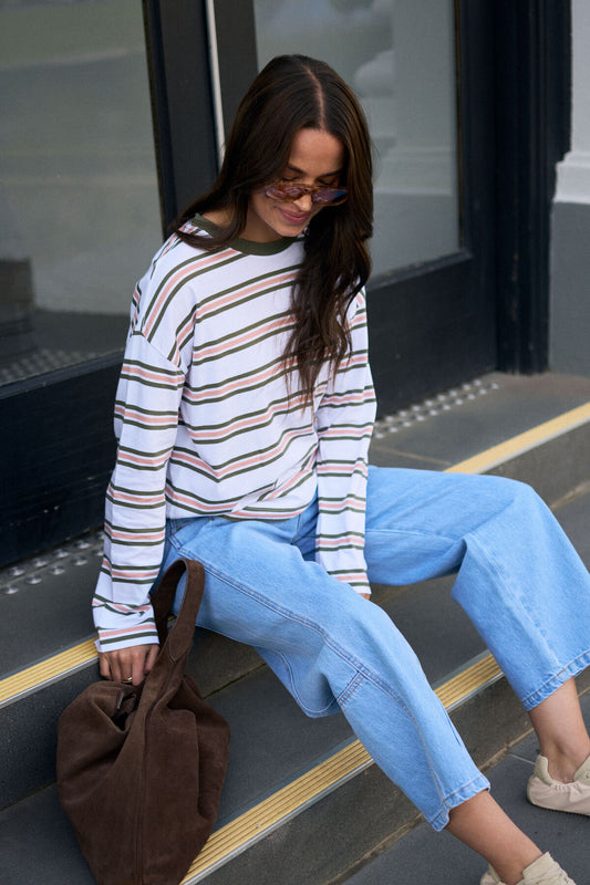 Scout Long Sleeve Slouchy Tee in White/Washed Olive Stripe